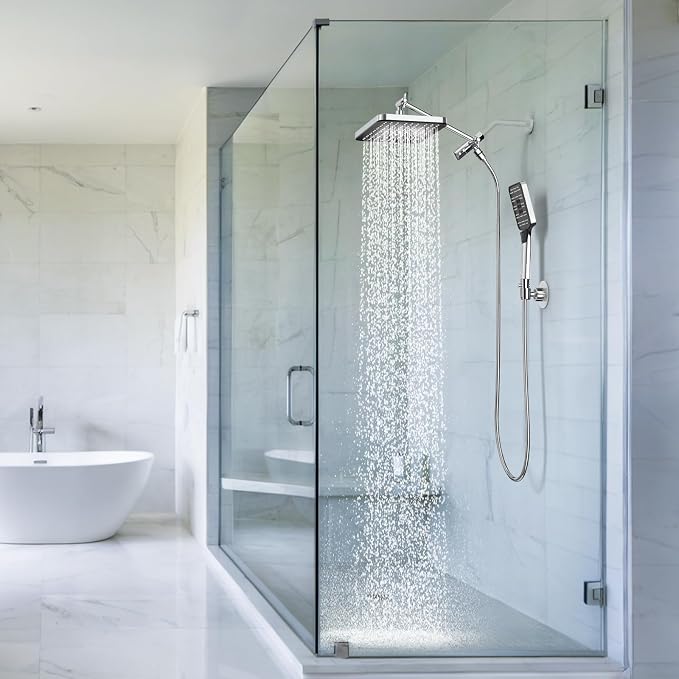 High Pressure Rain Shower Head with Handheld Spray Combo Set, Adjustable 12" Rainfall Dual Shower Head, Double&Tandem Shower Head, Waterfall Showerhead Bathroom -Silver Chrome
