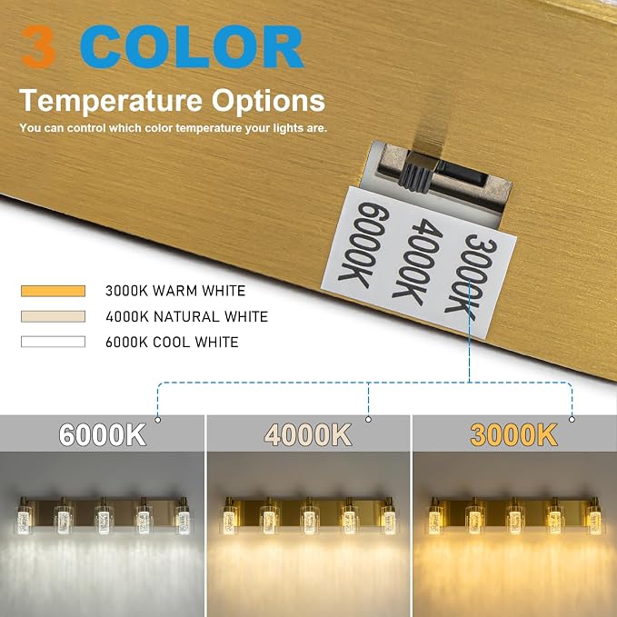 SineRise Vanity Light with 3 Color Modes (3000K/4000K/6000K), Eye Protection LED Bathroom Light Fixture, Dimmable Modern Wall Light Over Mirror with Clear Glass Shade (Gold, 5-Light)
