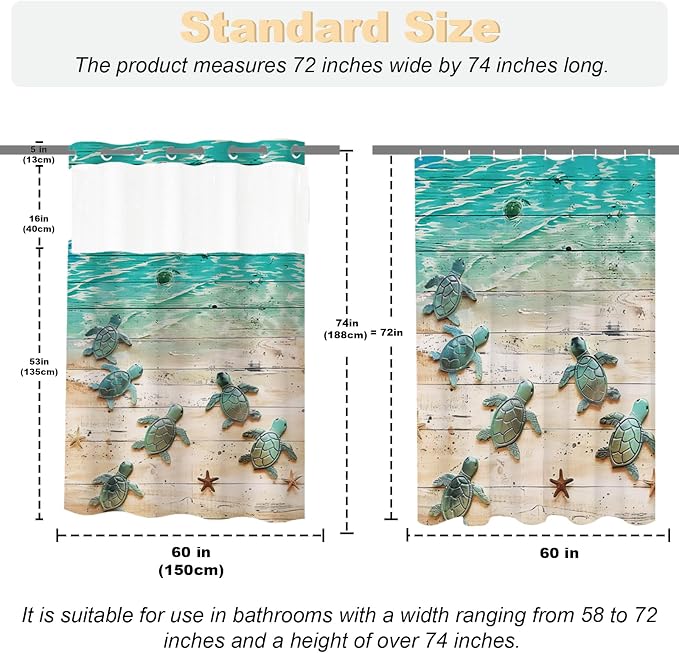 Nautical Green Beach Sea Turtle Theme No Hook Waffle Weave Shower Curtain with Snap in Liner Nautical Blue Bathroom Ocean Set 60 W x 74 H Inch Blue