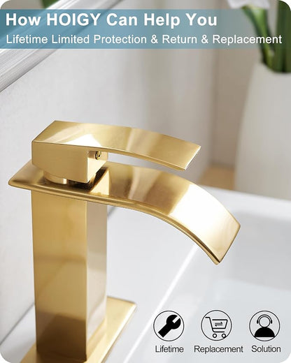 Gold Bathroom Faucet Waterfall, Brass Bathroom Faucets Single Hole or 3 Hole 4 Inch, Single Handle Bathroom Sink Faucet with Deck Plate & Drain
