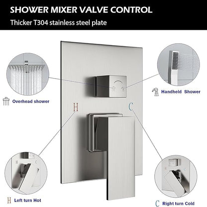 Lordear Rain Shower System 12 Inch Wall Mounted Shower Faucet Set, Brushed Nickel Stainless Steel Shower Head with Handle Set and Brass Valve Brushed Nickel 12" Shower Head