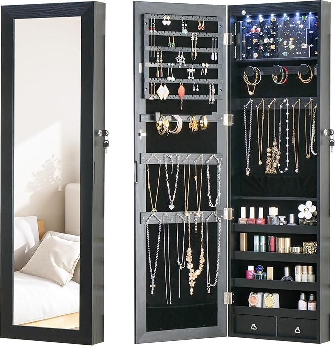 8 LED Lights Jewelry Armoire with Mirror with Storage And 2 Drawers | 47.3” H Mirror Jewelry Cabinet Door Hanging/Wall Mounted Mirror Black