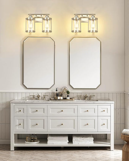 2-Light Brushed Nickel Bathroom Light Fixtures, 13.8 Inch Modern Bathroom Vanity Lighting Fixtures Over Mirror with Clear Glass and Metal Cage Wall Sconce Lights for Bath, E26, OS-3014BN-2W
