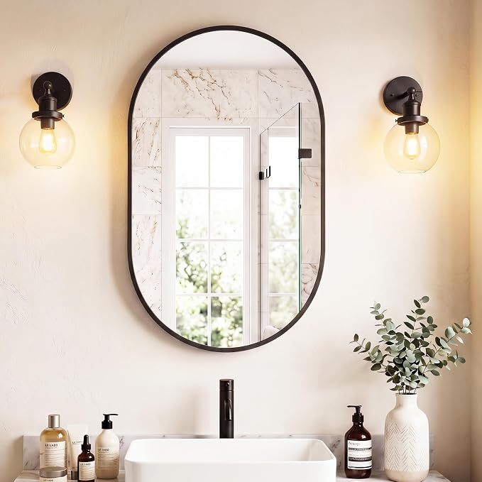 NEWBULIG 24" X 48" Oval Bathroom Mirror, Black Wall Mirrors for Over Sink | Tempered Glass Metal Frame, Entryway, Living Room Bedroom Hang, Horizontal or Vertical
