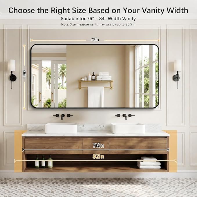 DESBING 72" x 36"Bathroom Mirror, Matte Black Wall Mirror with Metal Frame, Decorative Rectangular Vanity Mirror for Bedroom Bathroom Living Room Entryway (Horizontal/Vertical)