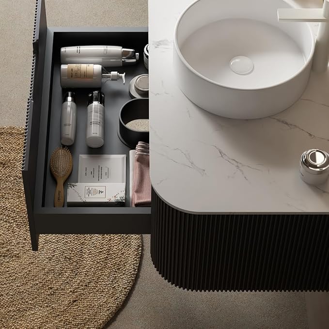 LKTART 36 Inch Floating Bathroom Vanity with Sink, Modern Wall Mounted Bathroom Storage Cabinet with Drawer, Round White Ceramic Sink Top and Marble Texture Top,Black