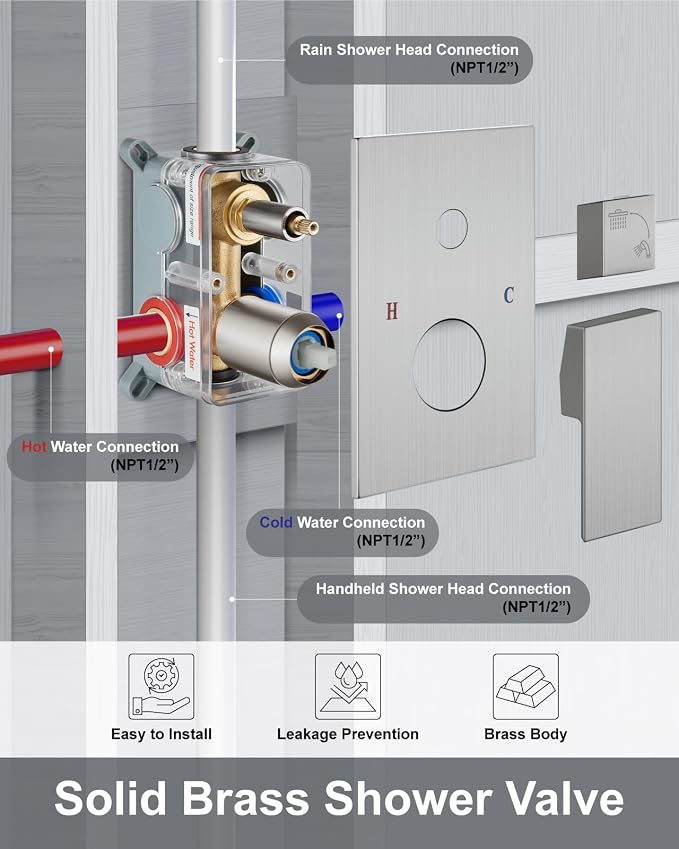 Aolemi Shower System with Rain Head and Handheld,12-Inch,Brushed Nickel | High-Pressure Shower Faucet Set with Dual-Function Handheld,Rough-In Valve,1.8 GPM,Ceiling Mount Trim Kit