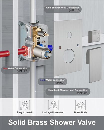 Aolemi Shower System with Rain Head and Handheld,12-Inch,Brushed Nickel | High-Pressure Shower Faucet Set with Dual-Function Handheld,Rough-In Valve,1.8 GPM,Ceiling Mount Trim Kit