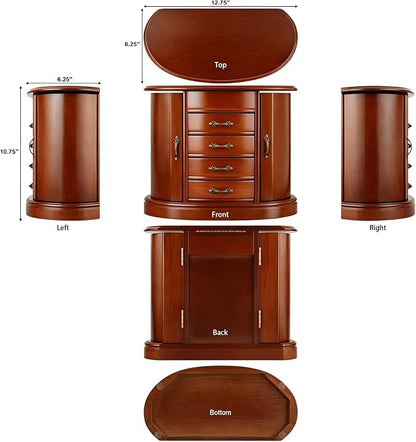 RR ROUND RICH Solid Wood Jewelry Box for Women Brown | Large Capacity Organizer with Rotating Necklace Holder, Mirror & 4 Drawers, Vintage Brown Gift Box