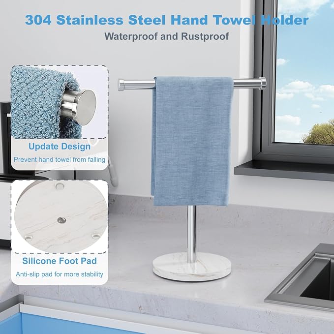 Hand Towel Holder for Bathroom, Freestanding Towel Stand, Brushed Nickel | T-shape Stainless Steel Towel Rack with Heavy Marble Base for Hand Towels on Bathroom Vanities, Guest Baths or Counters