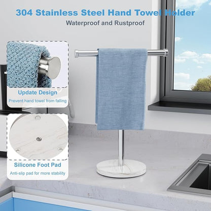 Hand Towel Holder for Bathroom, Freestanding Towel Stand, Brushed Nickel | T-shape Stainless Steel Towel Rack with Heavy Marble Base for Hand Towels on Bathroom Vanities, Guest Baths or Counters