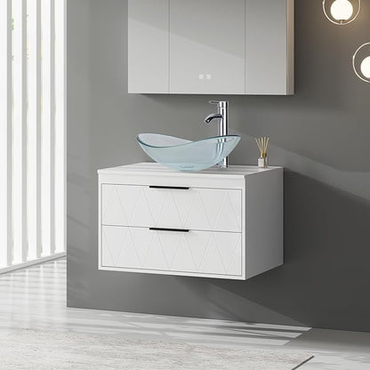 eclife 30" Floating Bathroom Vanities with Sink Combo, Wall Mounted Modern Cabinet W/Diamond Line Pattern Design, Clear Boat Glass Vessel Sink W/Water Save Faucet & Pop Up Drain, White