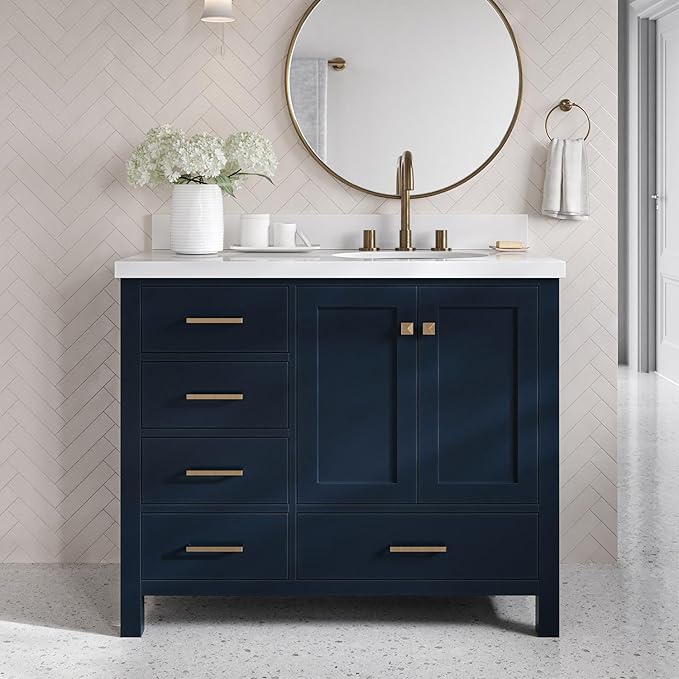 ARIEL Cambridge 42-inch Bathroom Vanity with Sink,Solid Wood, 1.5-inch Pure White Quartz Countertop & Backsplash, Single Oval Porcelain Sink, 2 Soft Closing Doors, 5 Dovetail Drawers, Midnight Blue