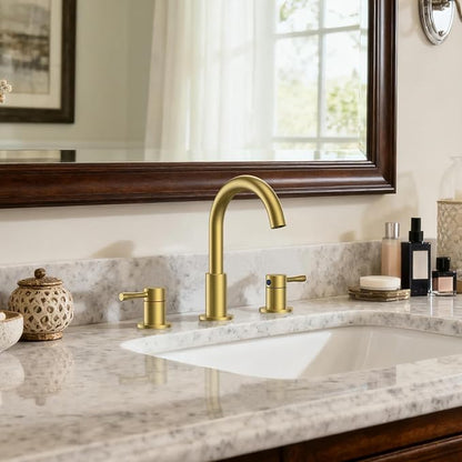 FORIOUS Bathroom Faucet 3 Hole, 360° Swivel 8 Inch Sink Faucet Brushed Gold | with Pop Up Drain, 2 Handles,for Sink Vanity RV Lavatory Farmhouse, 304 Stainless Steel, Lead-free, Leakproof