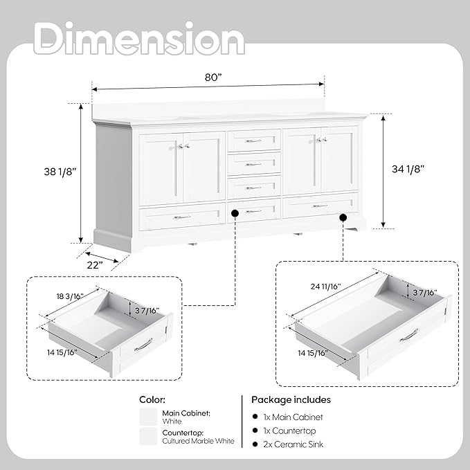 WELLFOR 80 Inch Bathroom Vanity with Double Sinks, Solid Wood Bathroom Vanity W/4 Soft-Close Doors and 6 Drawers, Cultured Marble Countertop Bathroom Vanities W/Sinks, White