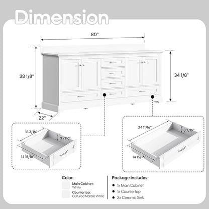 WELLFOR 80 Inch Bathroom Vanity with Double Sinks, Solid Wood Bathroom Vanity W/4 Soft-Close Doors and 6 Drawers, Cultured Marble Countertop Bathroom Vanities W/Sinks, White