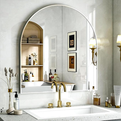 Arched Bathroom Mirror, 32x34 Inch - Wall Mounted Vanity Mirror with Aluminum Alloy Frame - Ideal for Living Room, Bedroom, Bathroom, and Entryway, Hanging or Leaning,White