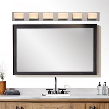 Kira Home Everett 48" Modern Integrated LED 6-Light Bathroom Vanity Light | 60W 3000K Warm White Light, Minimalist Bathroom Wall Sconce with Frosted Acrylic Blocks, Brushed Nickel Finish