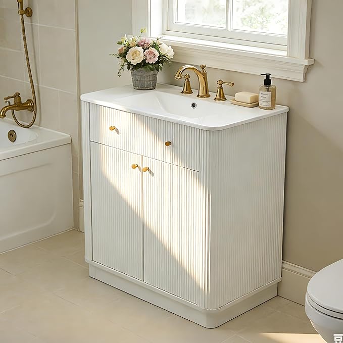 T4TREAM 30 Inch Bathroom Vanity with Sink, Modern Fluted Single Bathroom Vanity with Sink with Storage Cabinet, Adjustable Shelf, Solid White