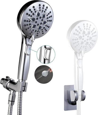 GwernKB Handheld Shower Head with ON OFF Switch & 79in Stainless Steel Hose | Built-in Power Spray,7-Setting High Pressure Spray with Bracket & Extra No Drilling Wall Shower Holder for Lower Mount,Silver