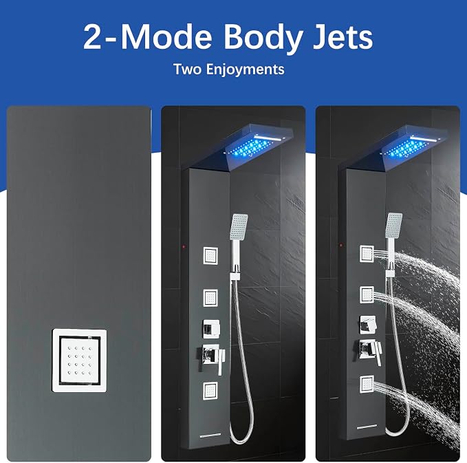 AlenArt Stainless Steel LED Shower Panel Tower System, Bathroom 5-Function Shower Panel Tower with LED Rainfall Waterfall Shower Head, Massage Jets, Tub Spout, Handheld Shower, Black-8126
