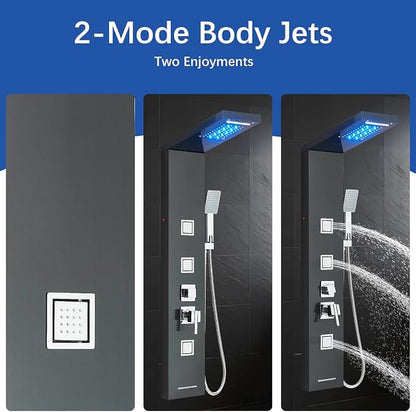 AlenArt Stainless Steel LED Shower Panel Tower System, Bathroom 5-Function Shower Panel Tower with LED Rainfall Waterfall Shower Head, Massage Jets, Tub Spout, Handheld Shower, Black-8126