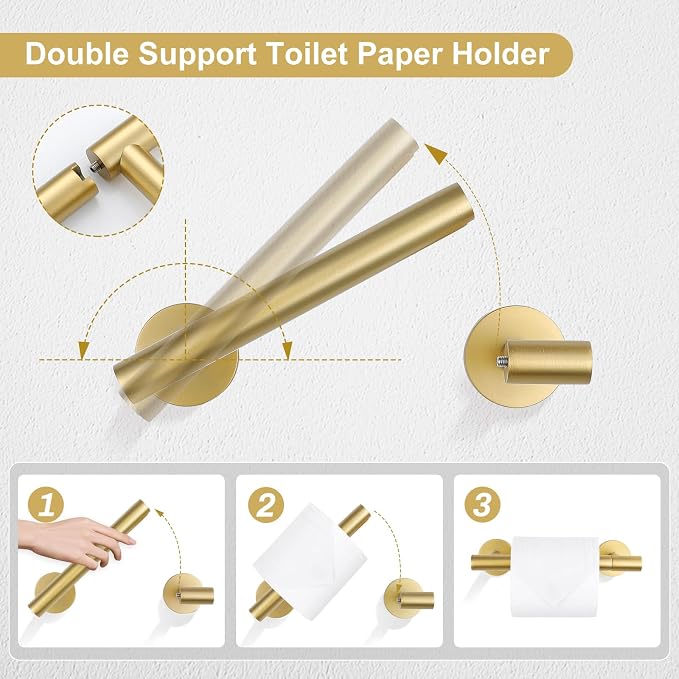 TQKAG 8-Pieces Bathroom Hardware Set, Brushed Gold Towel Bar Set 23.6 Inch | Towel Racks for Bathroom Wall, SUS304 Stainless Steel, Gold Bathroom Accessories with Paper Holders, Towel Rings, Towel Hooks