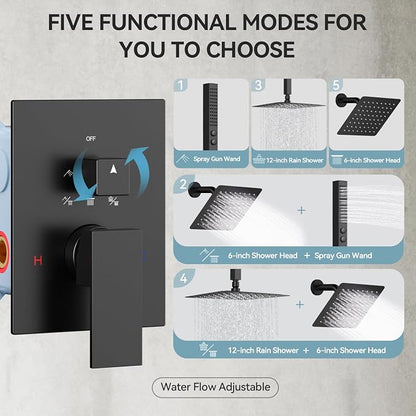 Shower Systems Shower Faucet Sets,Bostingner Five Function Diverter Dual Head Shower Set,12'' Ceiling Mount and 6’‘ Wall Mount Rainfall Shower System with 2 in 1 Handheld Spray Matte Black