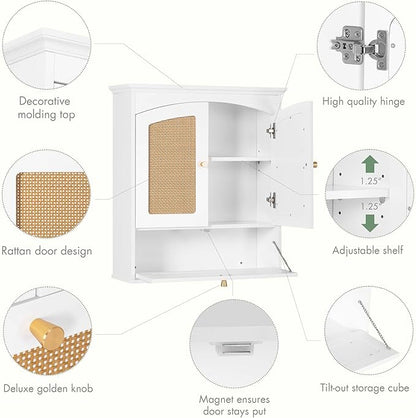 Spirich Bathroom Cabinet Wall Mount, Boho Medicine Cabinet for Bathroom, Over The Toilet Storage Cabinet with Rattan Doors and Tilt-Out Cube