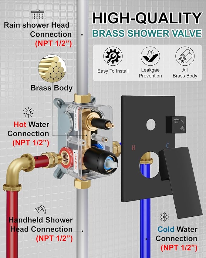 Shower Faucet Set Rainfall Shower System with Square Showerhead and Handle Set Fixture with 2 in 1 Function Handheld Sprayer Wall Mounted Trim Repair Kit Rough-in Valve 10 Inch Matte Black