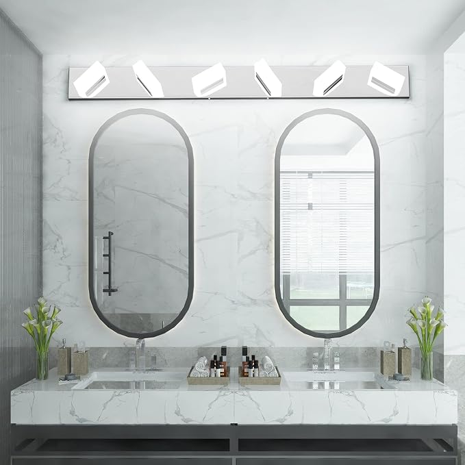 Aipsun LED Bathroom Vanity Lighting Fixtures Modern Chrome Vanity Lights Over Mirror Stainless Steel 6 Light Bathroom Vanity Light 6000K