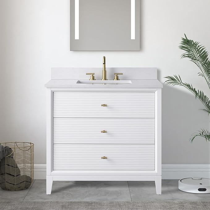 Vanity Art 36" Bathroom Vanity with Single Sink & Arabescato White Engineered Stone Top, Vanity Cabinet with Soft Closing Door, Solid Wood Frame, Golden Brushed Handles, White VA8136-W-GB