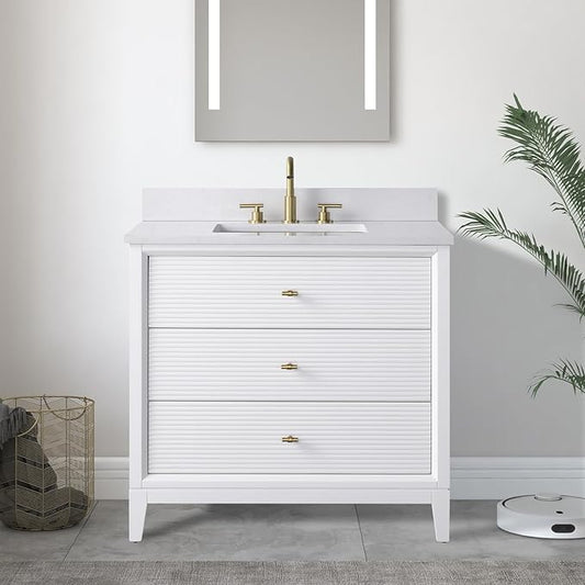 Vanity Art 36" Bathroom Vanity with Single Sink & Arabescato White Engineered Stone Top, Vanity Cabinet with Soft Closing Door, Solid Wood Frame, Golden Brushed Handles, White VA8136-W-GB