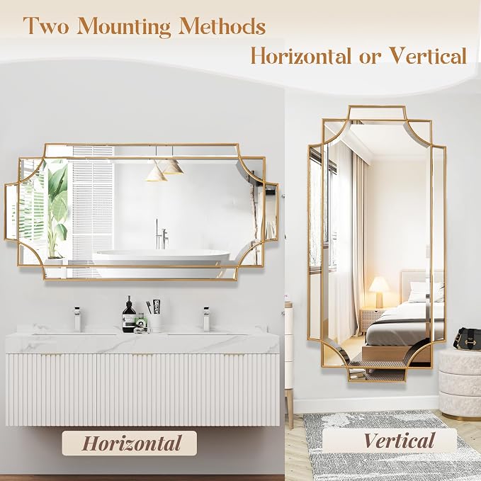 Gold Mirror for Wall, 24"x48" Large Decorative Mirrors for Wall Decor, Polished Bevelled Full Length Long Mirror for Living Room, Bathroom, Bedroom, Entryway