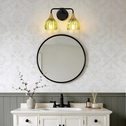 Bathroom Vanity Light Fixtures: 2-Lights Vintage Bathroom Lights Over Mirror with Ribbed Green Tulip Glass Shade - 14 inch Black and Gold Wall Sconce Bath Lighting