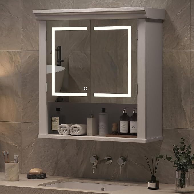 Bathroom Medicine Cabinet with Mirror and Lights, Wall Mount Bathroom Mirror with Storage, 3 Color Temps, Led Medicine Cabinet Mirror for Bathroom with 2 Doors, 9.3" Dx24.2 Wx25 H(White)