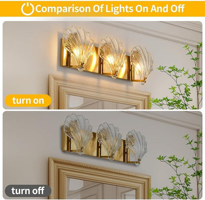 Bathroom Light Fixtures, 3-Lights Vanity Lights Over Mirror, Modern Bathroom Wall Light with Clear Shell Shaped Glass Shades, Gold Wall Sconces for Bedroom Living Room Kitchen Hallway