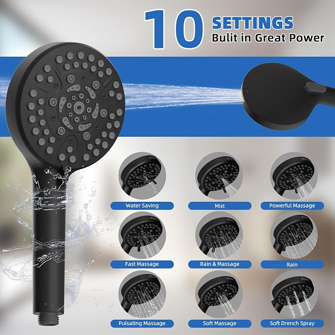 10" Metal Rainfall Shower Head with 10-Mode Handheld, Matte Black | NSF/ANSI/CAN 372 Certified, High Pressure Showerhead Combo with 11" Adjustable Shower Arm, 71" Hose, Shower Head Holder