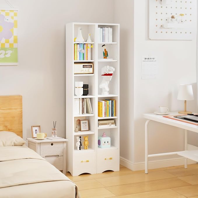 VECELO Tall Narrow Bookshelf with Drawer, 6 Adjustable Movable Shelves, Wood Space Saving Corner Storage Cabinet for Bathroom Bedroom, Pearl White