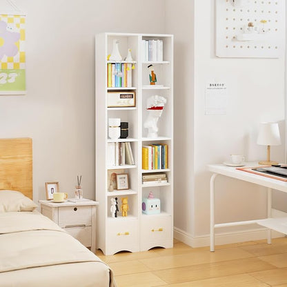 VECELO Tall Narrow Bookshelf with Drawer, 6 Adjustable Movable Shelves, Wood Space Saving Corner Storage Cabinet for Bathroom Bedroom, Pearl White