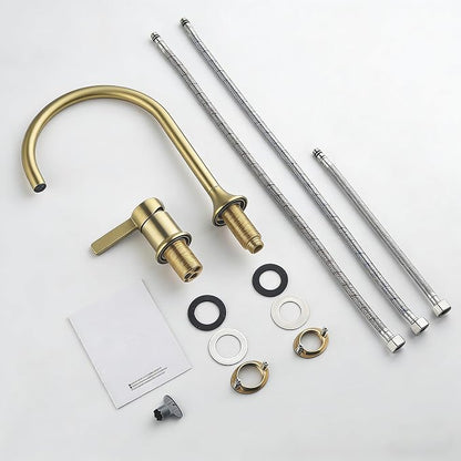Bathroom Faucets Brushed Gold,Single Handle Brass Widespread Basin Faucet for Sink,High Arc Bathroom Sink Faucet 2 Hole,Vanity Vessel Sink Faucet Mixer Tap