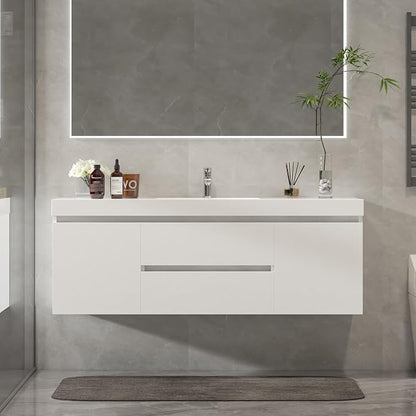 Vanity Art 60 Inch Single Sink Wall Mounted Bathroom Vanity Set 2 Drawers Storage Cabinet with White Engineered Stone Top Undermount Rectangle Sink High-Glossy