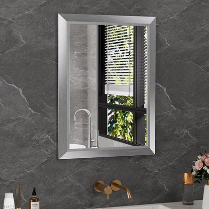 Bathroom Mirror for Wall, 20x30 Inch (Brushed Silver) | HD Reflection, Tempered Glass, Thick Metal Framed Rectangle Mirrors for Over Sink, Bedroom, Living Room, Entryway, Anti-Rust