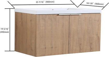 Henf 36" Wall Mount Bathroom Vanity with Sink Combo, Modern Floating Vanity with Soft Close Door, Solid Wood Cabinet with White Ceramic Integrated Sink for Small Space