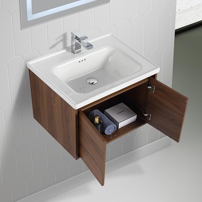 Blossom 24 Inch Wall Mounted Bathroom Vanity with Sink | Floating Wood Vanity Cabinet | Modern Soft-Close Doors & Storage | Ceramic Basin | Space-Saving Design (Brown Walnut, 24'' Ceramic Sink)