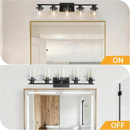 LOUSACE 5-Light Black Bathroom Vanity Light, 31.5" Modern Vanity Lighting Fixture Over Mirror with Clear Glass Shade, E26 Base