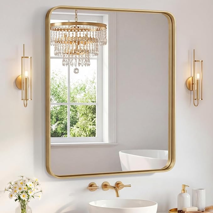 Sweetcrispy Bathroom Mirror 48x36 Inch, Vanity Mirror for Wall | Metal Framed Rounded Rectangle, Over Sink, Farmhouse Restroom, Anti-Rust, Horizontal or Vertical Hanging, Gold