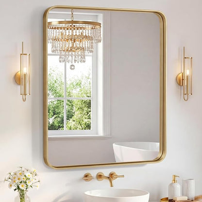 Sweetcrispy Bathroom Mirror 48x36 Inch, Vanity Mirror for Wall | Metal Framed Rounded Rectangle, Over Sink, Farmhouse Restroom, Anti-Rust, Horizontal or Vertical Hanging, Gold