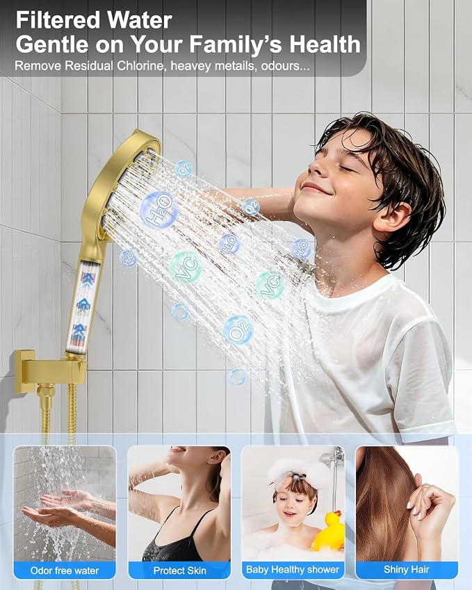Brushed Gold Shower System Set - Complete with Valve Kit, Rainfall & Filtered Handheld Shower Head spray, Modern Bathroom Fixtures