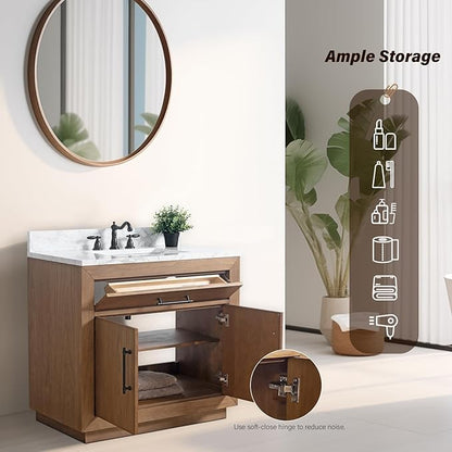 HOMEBEYOND 36" Bathroom Vanity with Single Sink & Ceramic Top, MDF Material Vanity Cabinet with Basin Combo, Soft-Closing Doors, Removable Shelf, Backsplash, Tan